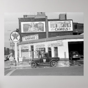 Garantie & Benzinepomp, 1940. Oude foto Poster