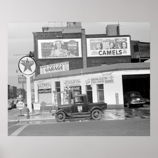 Garantie & Benzinepomp, 1940. Oude foto Poster (Voorkant)