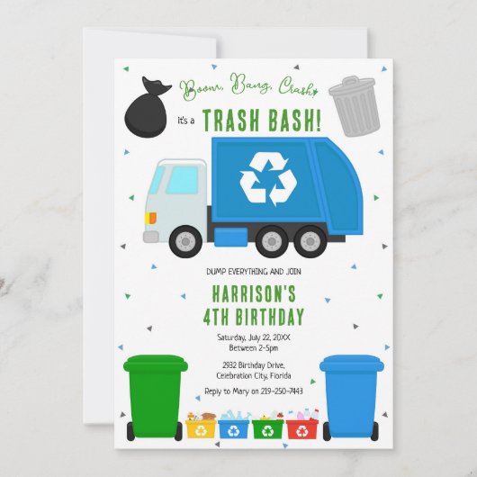 Garbage Trash Truck Birthday Invitation Kaart (Voorkant)