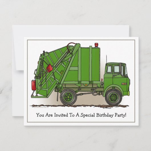 Garbage Truck Green Kinder Party Invitation Kaart (Voorkant)