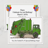 Garbage Truck Green Kinder Party Invitation Kaart (Voorkant / Achterkant)