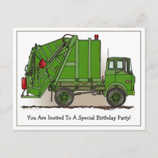 Garbage Truck Green Kinder Party Invitation Kaart