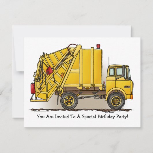 Garbage Truck Yellow Kinder Party Invitation Kaart (Voorkant)