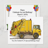 Garbage Truck Yellow Kinder Party Invitation Kaart (Voorkant / Achterkant)