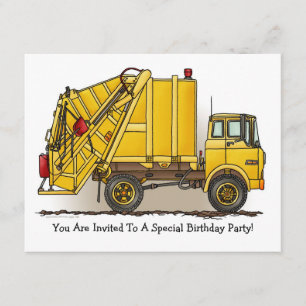 Garbage Truck Yellow Kinder Party Invitation Kaart
