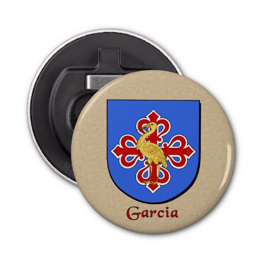 Garcia Heraldic Arms op perkament stijl terug Button Flesopener (Voorkant)