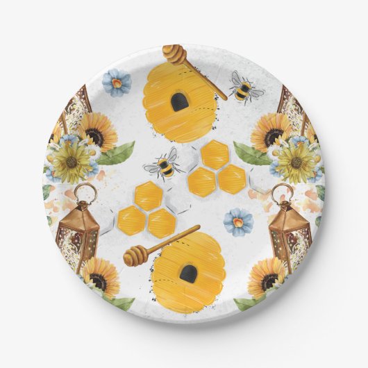 Garden Bee Sunflower Patroon Papieren Bordje (Voorkant)