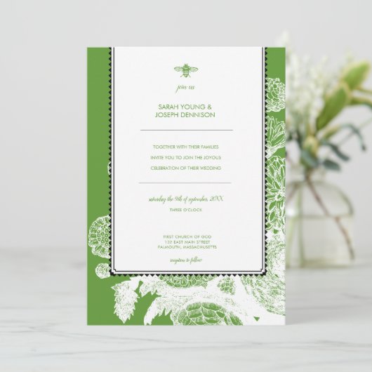 Garden Bee Toile bruiloft uitnodiging (Staand voorkant)