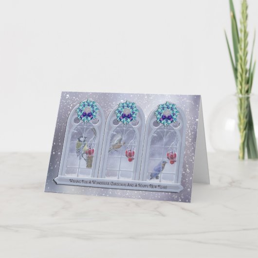 Garden Birds Christmas Window Wenskaart Feestdagen Kaart (Voorkant)