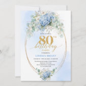 Garden Blue Floral Gold 80th Birthday Invitation Kaart (Voorkant)