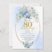 Garden Blue Floral Gold 80th Birthday Invitation Kaart (Voorkant)