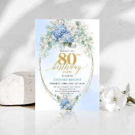 Garden Blue Floral Gold 80th Birthday Invitation Kaart