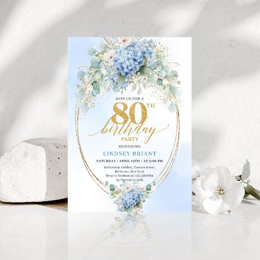 Garden Blue Floral Gold 80th Birthday Invitation Kaart
