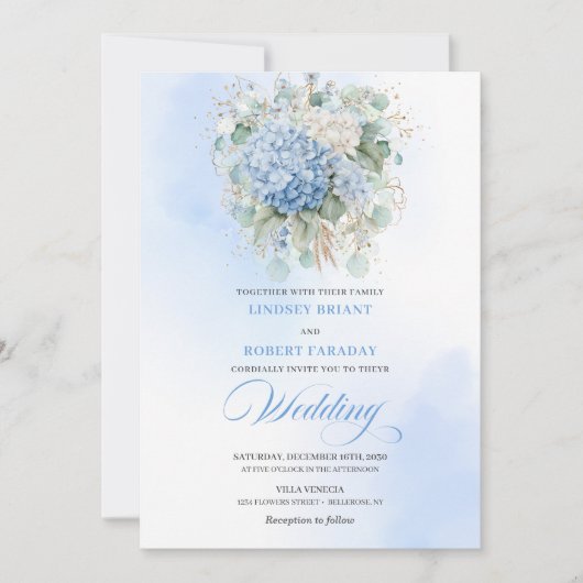 Garden Blue Hydrangea Eucalyptus Wedding Invites Kaart (Voorkant)