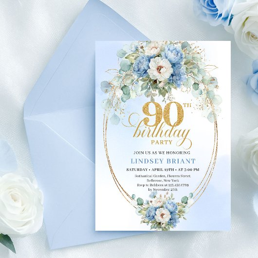 Garden Boho Blue Floral 90th Birthday Invite Kaart