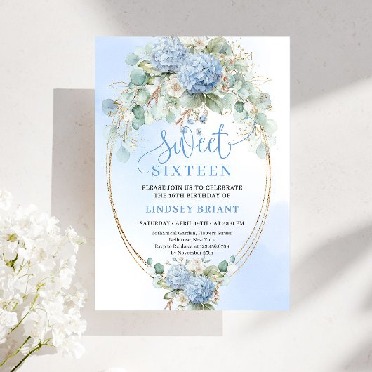 Garden Boho Blue Hydrangeas Sweet Sixteen Invite Kaart