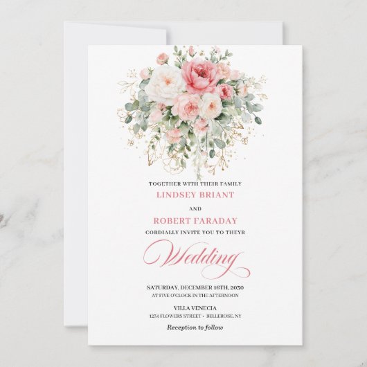 Garden Boho Blush Roses Wedding Invitation Kaart (Voorkant)
