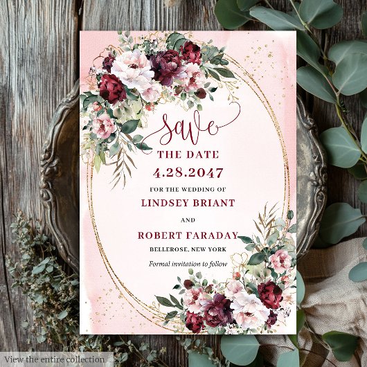 Garden Boho Burgundy Blush Gold Roses Save Date Kaart