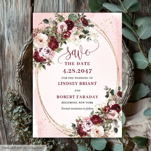 Garden Boho Merlot Blush Gold Roses Save the Date Kaart