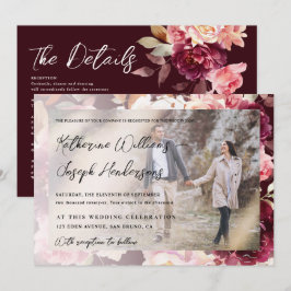 Garden Bourgondië Script kalligrafie Foto bruiloft Kaart