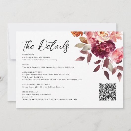 Garden Burgundy Script calligraphy Details Wedding Kaart (Achterkant)