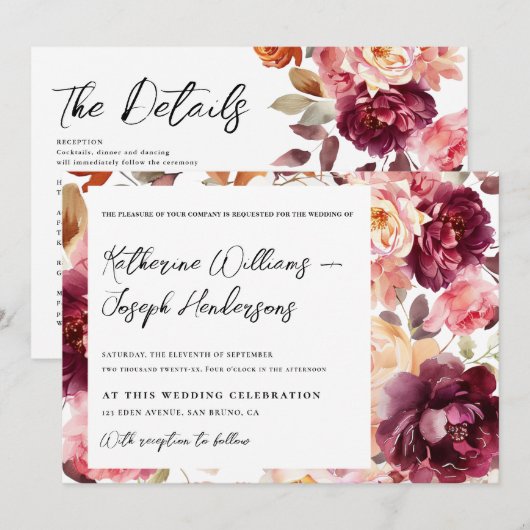 Garden Burgundy Script calligraphy Details Wedding Kaart (Voorkant / Achterkant)