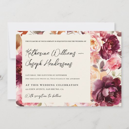 Garden Burgundy Script calligraphy Details Wedding Kaart (Voorkant)