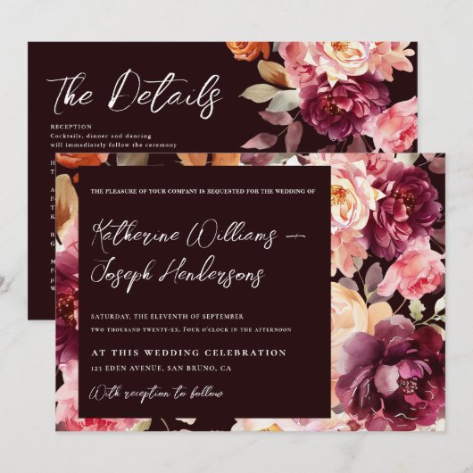 Garden Burgundy Script calligraphy Details Wedding Kaart (Voorkant / Achterkant)
