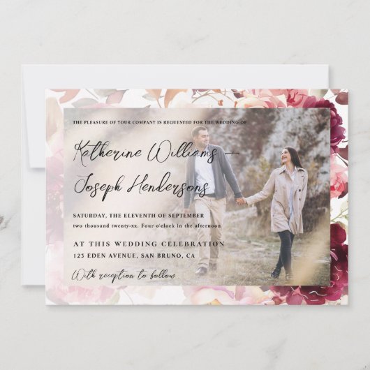 Garden Burgundy Script calligraphy Photo Wedding Kaart (Voorkant)