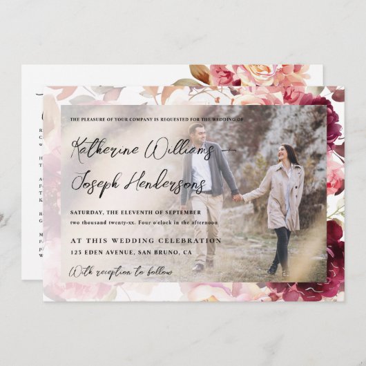Garden Burgundy Script calligraphy Photo Wedding Kaart (Voorkant / Achterkant)