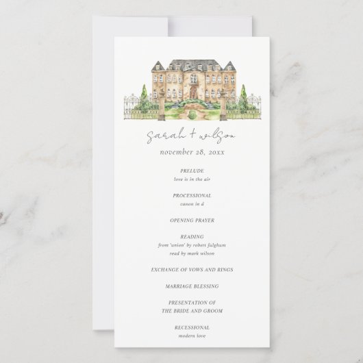 Garden Chateau Waterverf Wedding Program Card Bedankkaart (Voorkant)