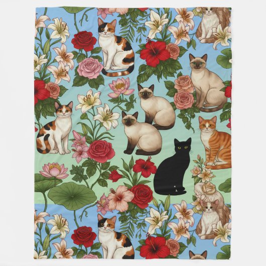 Garden Companions – Floral Cats in Bloom Fleece Deken (Voorkant)