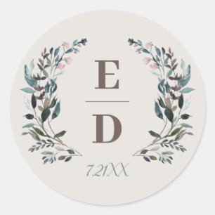 Garden Crest   Eggshell   Datum huwelijksmonogram Ronde Sticker