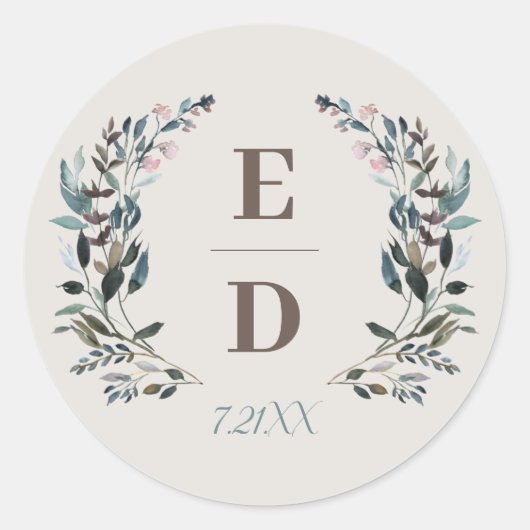 Garden Crest | Eggshell | Datum huwelijksmonogram Ronde Sticker (Voorkant)