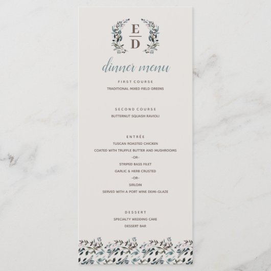 Garden Crest | Eggshell | Monogram bruiloft Menu (Voorkant)