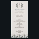 Garden Crest | Eggshell | Monogram bruiloft Menu<br><div class="desc">Dit elegante en chic bruiloft-menu bevat geverfde waterverf floralen in blauwe en roze tinten en wordt geleverd met een passend floreel patroon op de achterkant. Pas het met uw eigen tekst aan gebruikend de verstrekte sjablonen. De achtergrondkleur wordt geplaatst aan een neutrale schelpkleur, en coördineert met ons collectie van de...</div>