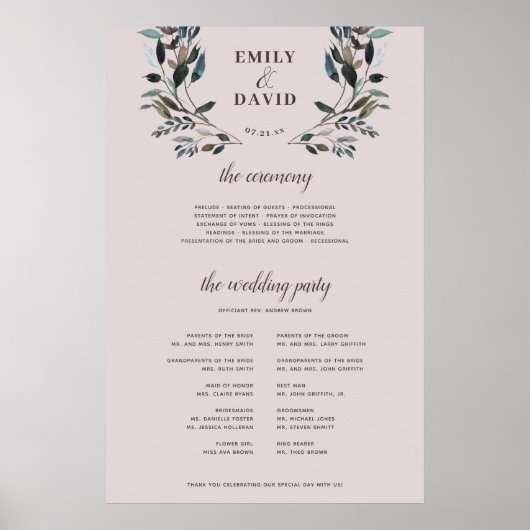 Garden Crest | Mauve Paars Ceremony Program Sign Poster (Voorkant)