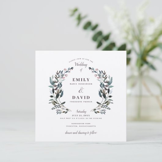 Garden Crest | Rustic Kraft Floral Square Wedding Kaart (Staand voorkant)