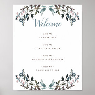 Garden Crest White Blue Floral Wedding Programme Poster