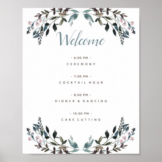 Garden Crest White Blue Floral Wedding Programme Poster (Voorkant)