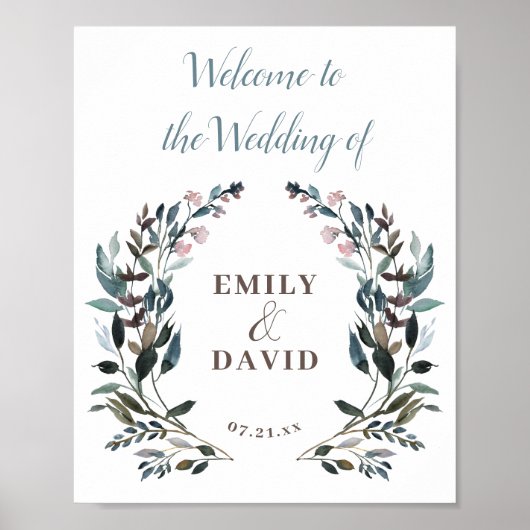 Garden Crest | White Dusty Blue Welcome Wedding Poster (Voorkant)