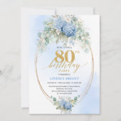 Garden Dusty Blue Floral 80th Birthday Invitation Kaart (Voorkant)