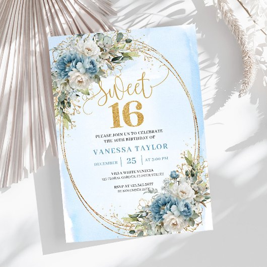 Garden Dusty Blue Floral Sweet 16th Birthday   Kaart