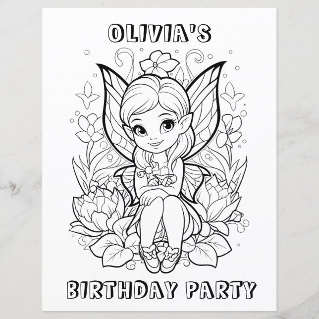 Garden fairy birthday party coloring activity  (Voorkant)