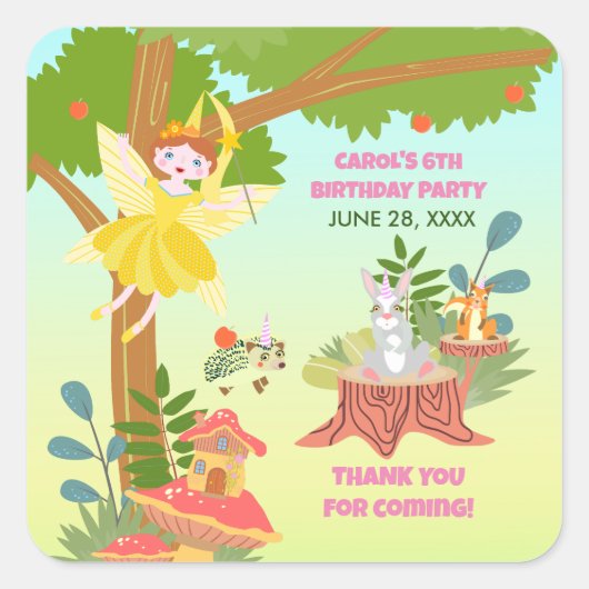 Garden Fairy met vrienden van het huisdier Verjaar Vierkante Sticker (Voorkant)