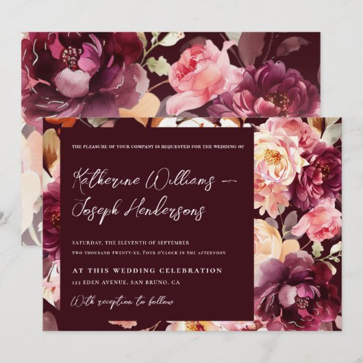 Garden Floral Burgundy Script calligraphy Wedding Kaart (Voorkant / Achterkant)