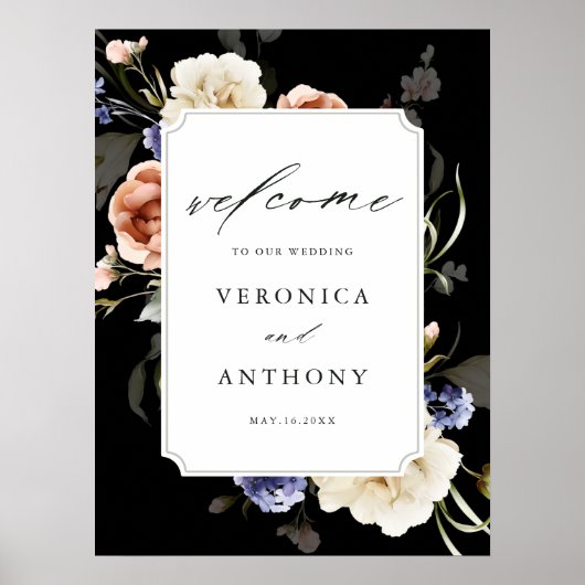 Garden Floral Lijst Elegant Wedding Welcome Black Poster (Voorkant)