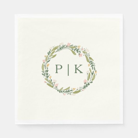 Garden Floral Monogram Wreath Pink Green Wedding Servet (Voorkant)