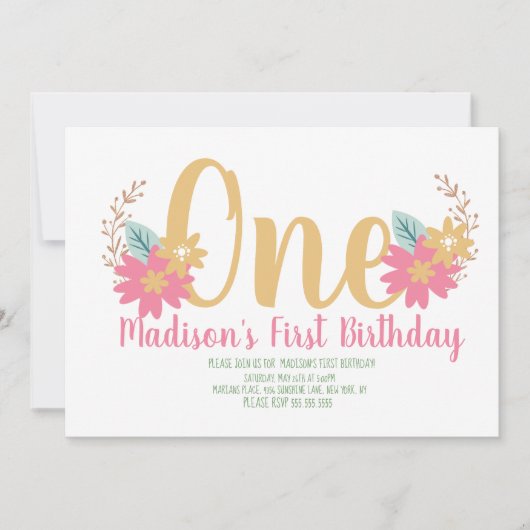 Garden Floral Pink eerste verjaardag Kaart (Voorkant)