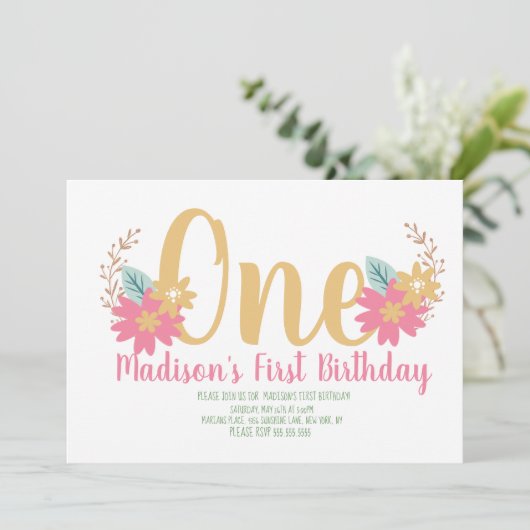 Garden Floral Pink eerste verjaardag Kaart (Staand voorkant)